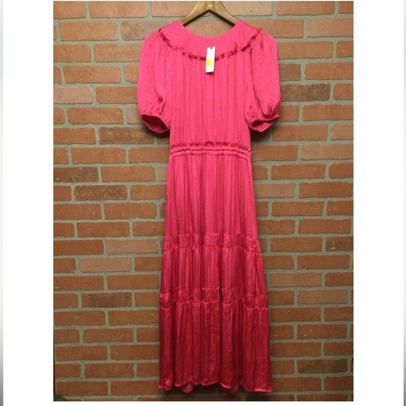 Anthropologie / Current Air Puff Sleeve satin Ruffle Tiered Maxi Dress pink M - Picture 7 of 7